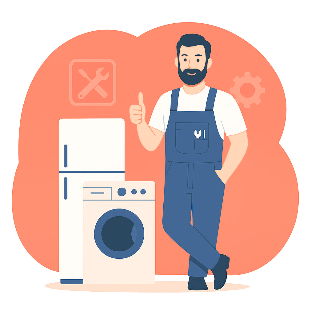 Appliance repair technician with refrigerator and washing machine